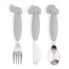 set 3 posate anti-scivolo - forchetta, cucchiaio e coltello - grigio - silicone alimentare e acciaio inossidabile