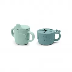 set tazza snack e tazza beccuccio peekaboo - amici di deer - blu - 100% silicone alimentare