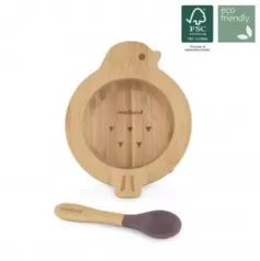 scodella in legno con cucchiaio con ventosa -  wooden plate chick