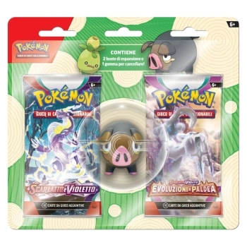 pokemon gcc - pokemon scarlatto e violetto evoluzioni a paldea - lechonk - blister 2 bustine + 1 mini action figure in gomma (ita)