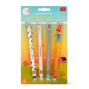 set di 4 penne gel cancellabili - mucca + maiale + asino + gallo (cow + piggy + donkey + rooster)